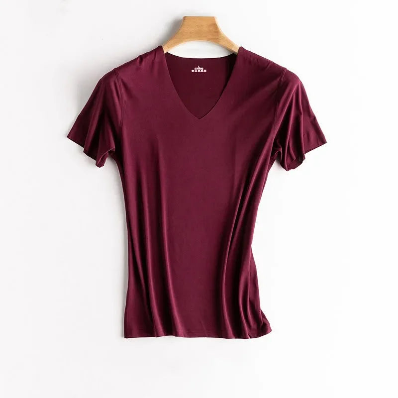 T-Shirt en Soie Glacée Respirant Sans Couture à Col V - Idéal pour l'été