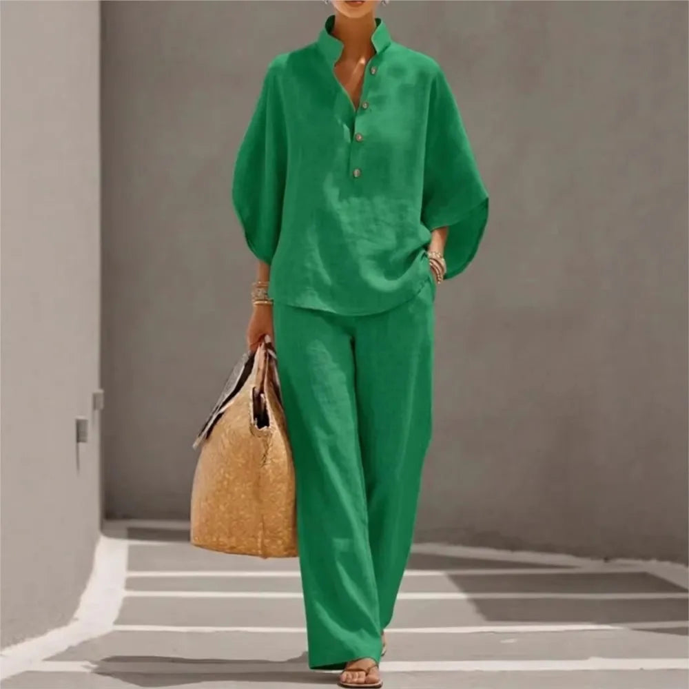 Ensemble Casual Chic 2PCS Blouse Col Mao & Pantalon Ample en Coton et Lin