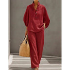 Ensemble Casual Chic 2PCS Blouse Col Mao & Pantalon Ample en Coton et Lin