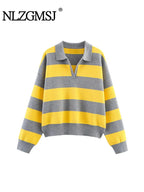 Pull Rayé Femme en Maille avec Col Polo – Manches Longues, Coupe Ample & Style Vintage Décontracté