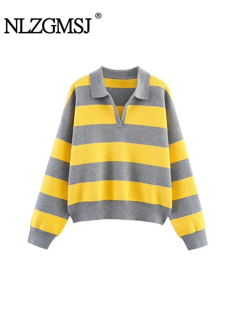 Pull Rayé Femme en Maille avec Col Polo – Manches Longues, Coupe Ample & Style Vintage Décontracté