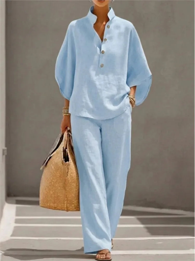 Ensemble Casual Chic 2PCS Blouse Col Mao & Pantalon Ample en Coton et Lin