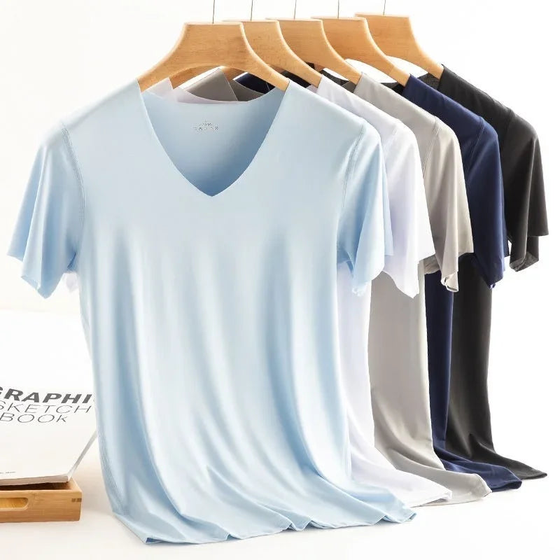 T-Shirt en Soie Glacée Respirant Sans Couture à Col V - Idéal pour l'été