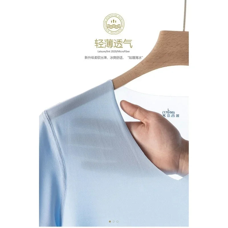 T-Shirt en Soie Glacée Respirant Sans Couture à Col V - Idéal pour l'été