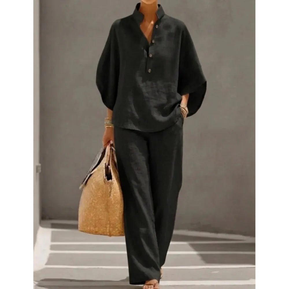Ensemble Casual Chic 2PCS Blouse Col Mao & Pantalon Ample en Coton et Lin