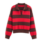 Pull Rayé Femme en Maille avec Col Polo – Manches Longues, Coupe Ample & Style Vintage Décontracté