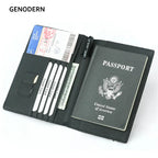 Porte-Passeport RFID en Cuir Véritable & Bande Élastique – Rangements Cartes, Billets, Stylo et Cartes SIM