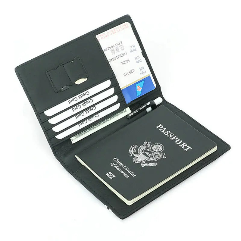 Porte-Passeport RFID en Cuir Véritable & Bande Élastique – Rangements Cartes, Billets, Stylo et Cartes SIM