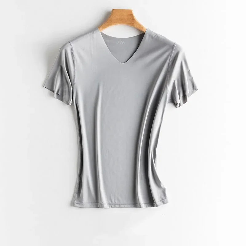 T-Shirt en Soie Glacée Respirant Sans Couture à Col V - Idéal pour l'été