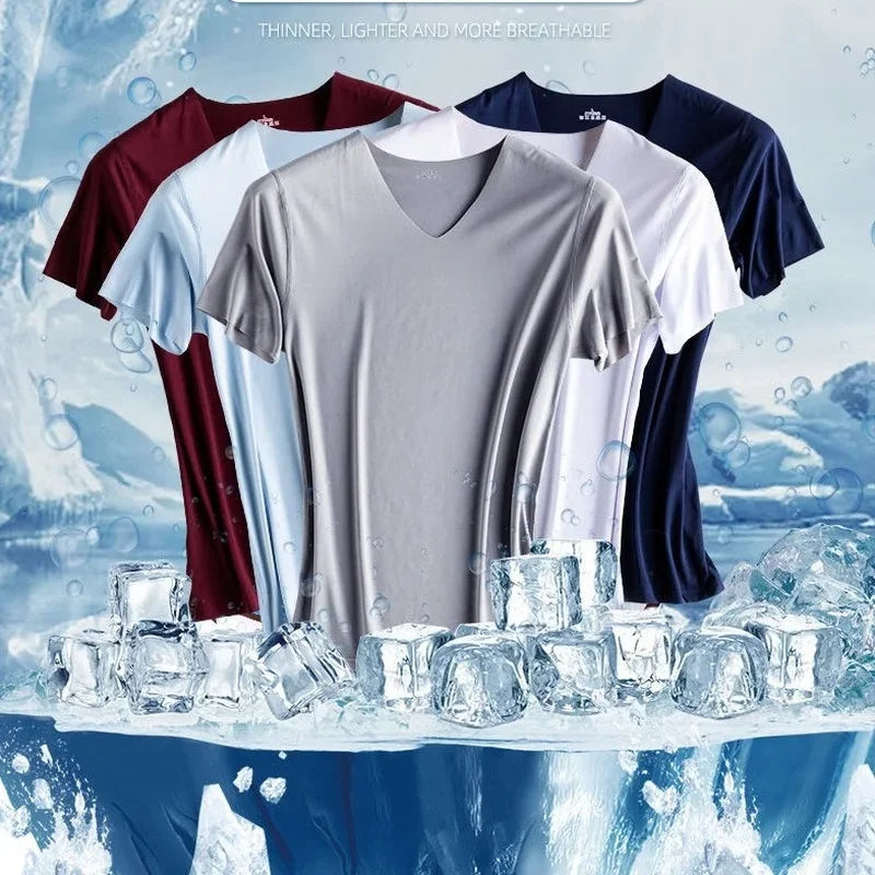 T-Shirt en Soie Glacée Respirant Sans Couture à Col V - Idéal pour l'été