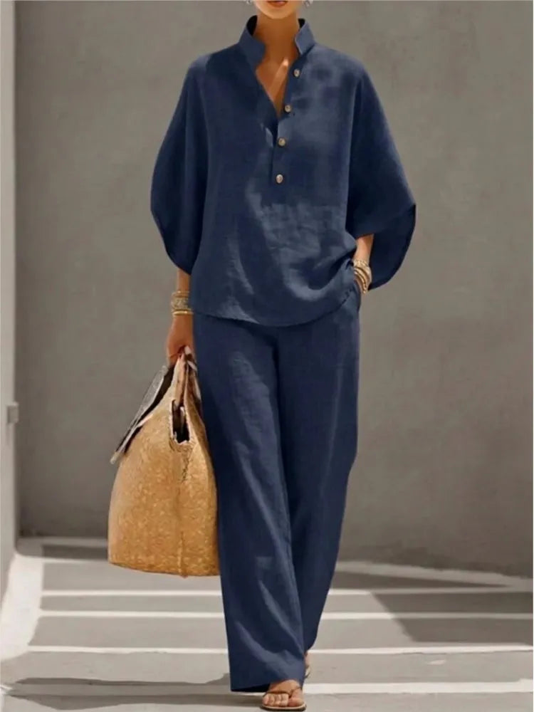 Ensemble Casual Chic 2PCS Blouse Col Mao & Pantalon Ample en Coton et Lin