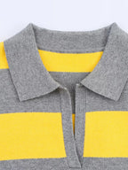 Pull Rayé Femme en Maille avec Col Polo – Manches Longues, Coupe Ample & Style Vintage Décontracté