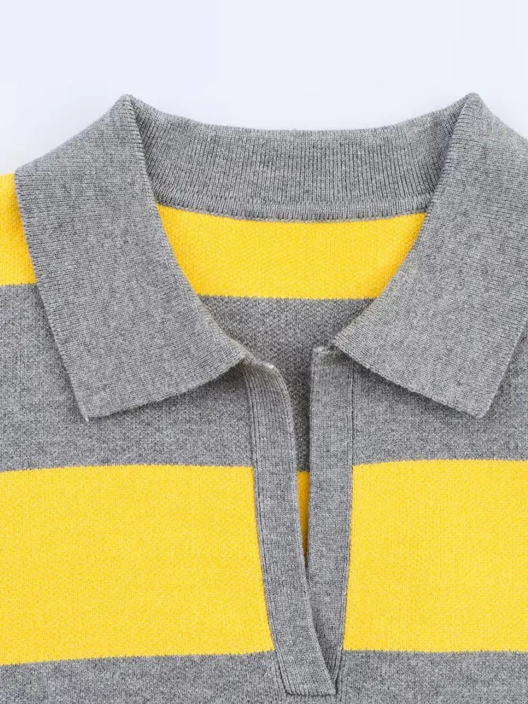 Pull Rayé Femme en Maille avec Col Polo – Manches Longues, Coupe Ample & Style Vintage Décontracté