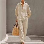 Ensemble Casual Chic 2PCS Blouse Col Mao & Pantalon Ample en Coton et Lin