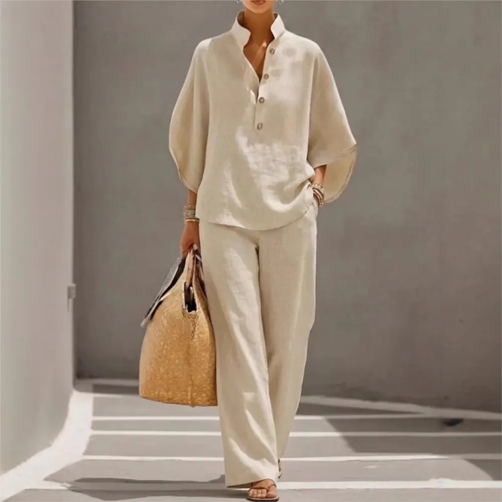 Ensemble Casual Chic 2PCS Blouse Col Mao & Pantalon Ample en Coton et Lin