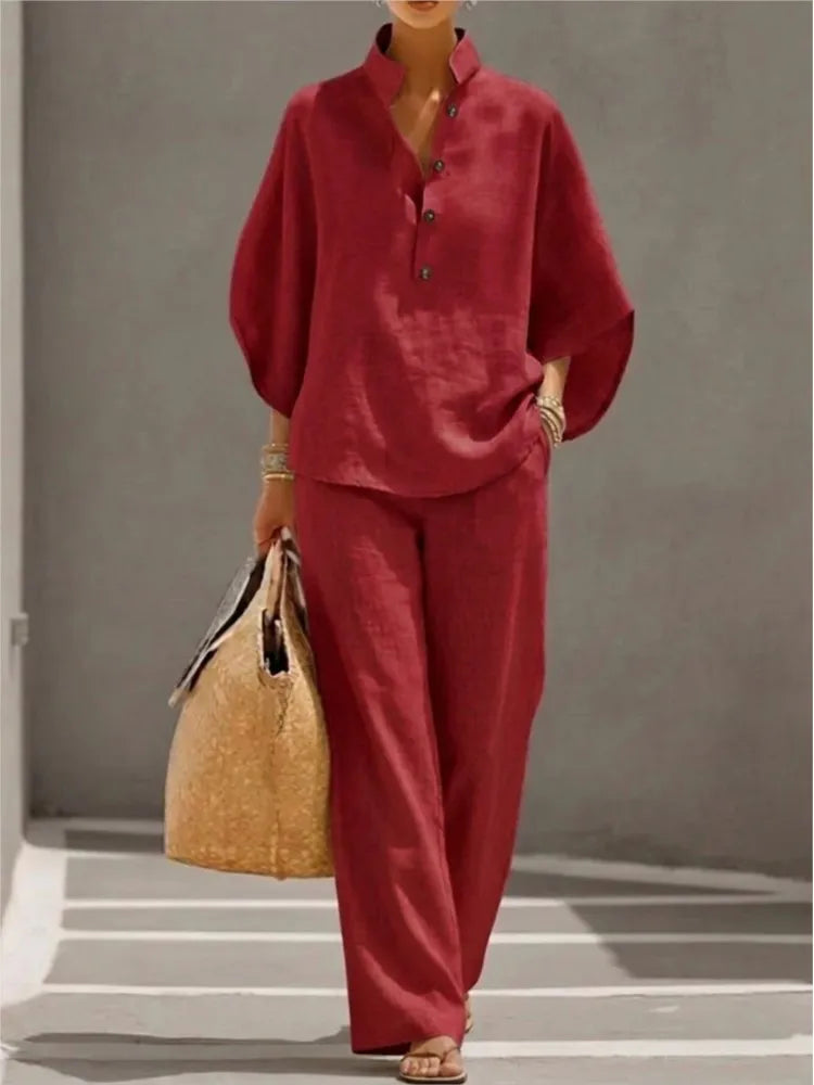 Ensemble Casual Chic 2PCS Blouse Col Mao & Pantalon Ample en Coton et Lin