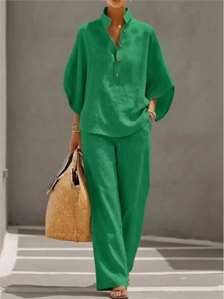 Ensemble Casual Chic 2PCS Blouse Col Mao & Pantalon Ample en Coton et Lin