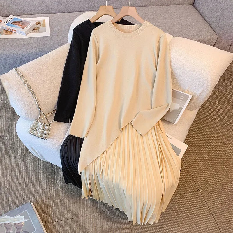 Robe 2 en 1 Pull à Maille et Jupe Plissée