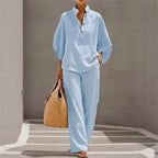 Ensemble Casual Chic 2PCS Blouse Col Mao & Pantalon Ample en Coton et Lin