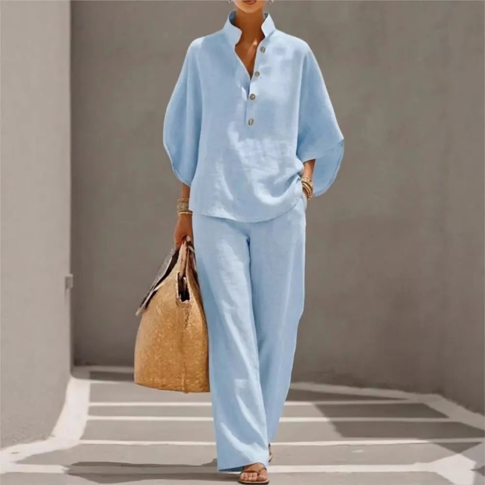 Ensemble Casual Chic 2PCS Blouse Col Mao & Pantalon Ample en Coton et Lin