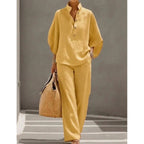 Ensemble Casual Chic 2PCS Blouse Col Mao & Pantalon Ample en Coton et Lin