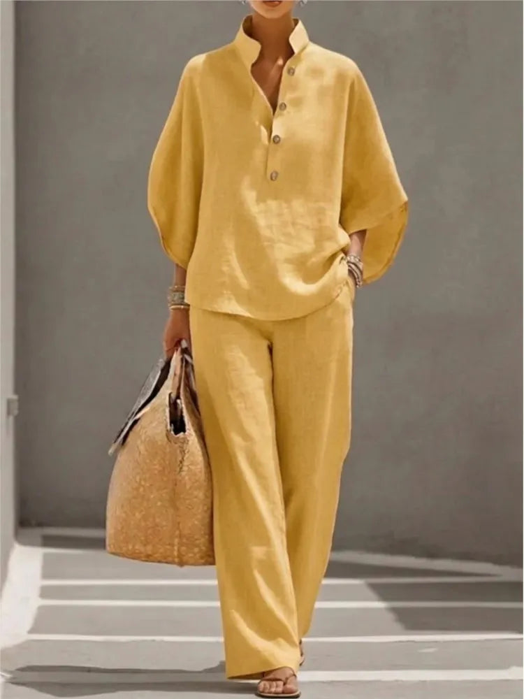 Ensemble Casual Chic 2PCS Blouse Col Mao & Pantalon Ample en Coton et Lin