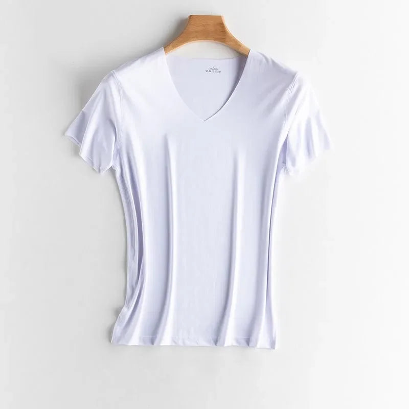 T-Shirt en Soie Glacée Respirant Sans Couture à Col V - Idéal pour l'été