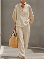 Ensemble Casual Chic 2PCS Blouse Col Mao & Pantalon Ample en Coton et Lin