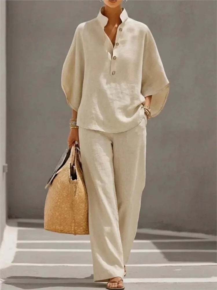 Ensemble Casual Chic 2PCS Blouse Col Mao & Pantalon Ample en Coton et Lin
