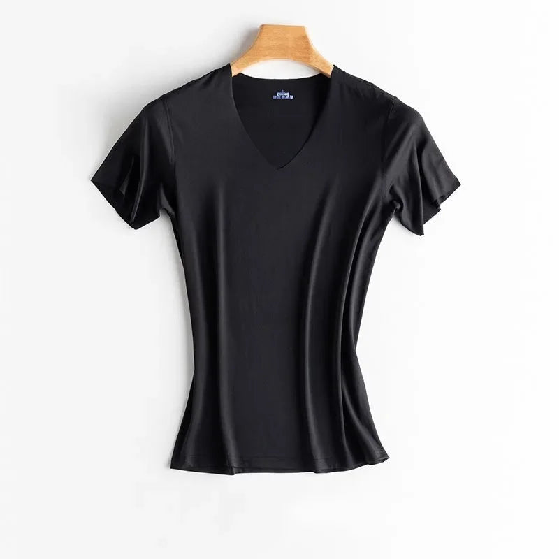 T-Shirt en Soie Glacée Respirant Sans Couture à Col V - Idéal pour l'été